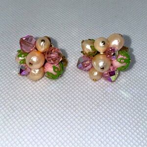 Vintage Vendome Clip-On Earrings Cluster pat 2809501 Punk White and Gold Tone